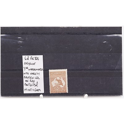 Single 6d Die IIB Chestnut 3rd Watermark with Variety Broken Leg on Kangaroo BW (21) 3d Stamp