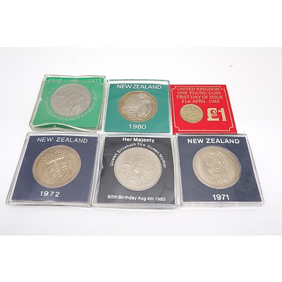 Group of Six Proof Coins, Including 1980 New Zealand One Dollar, 1977 H.M. Queen Elizabeth II Silver Jubilee Coin and More