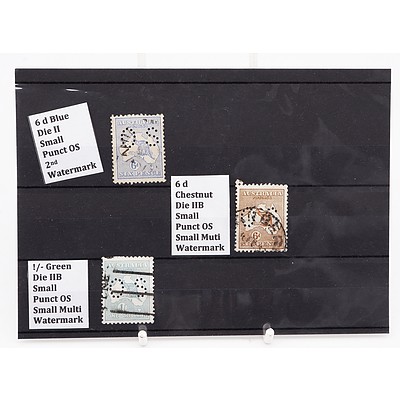 Three Stamps Including 6d Blue Die II Small Puncture OS 2nd Watermark, 6d Chestnut Die IIB Small Puncture OS Small Multi Watermark and 1/- Green Die IIB Small Puncture OS Small Multi Watermark