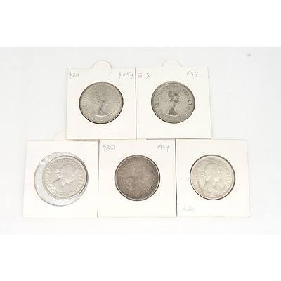 Five Australian 1954 Royal Visit Silver Florins