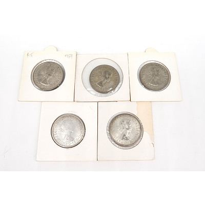 Five Australian 1954 Royal Visit Silver Florins