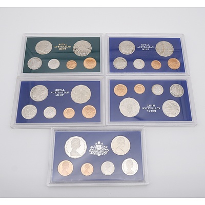 Five Proof Coin Sets, Including 1980, 1981 and 1982 Brisbane Commonwealth Games