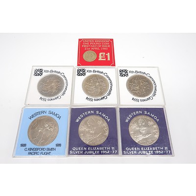 Seven Proof Coins, Including Three Xth British Commonwealth Games 1974, Two $1 Western Samoa 1928-1978 Charles Kingsford Smith Coin and More
