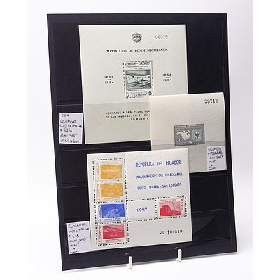 Sheet of Stamps Including 1954 Columbia Scott Catalogue #627a Mini Sheet, Ecuador Scott Catalogue #618 Mini Sheet and More