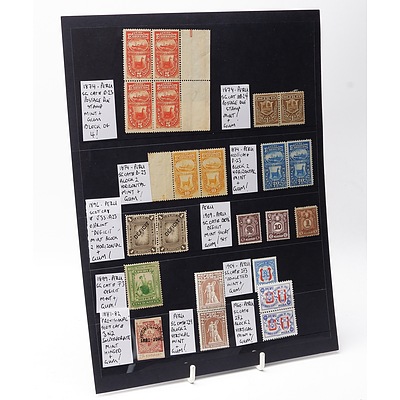 Sheet of Twenty-Two Stamps Including Block of Four 1874 Peru SG Catch D-23 Postage Due Stamp and More