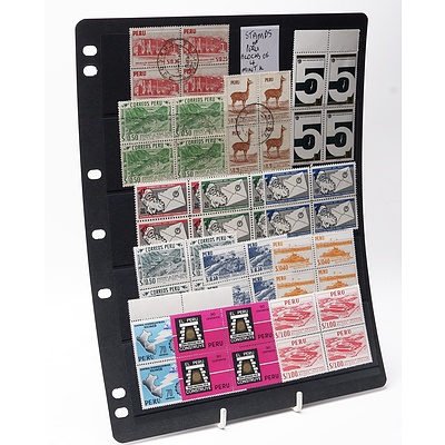 Sheet of Various Blocks of Four Peru Stamps Including Peru Escuela De Ingenieros-1945 S/.0.25 and More