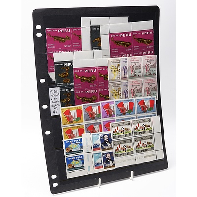 Sheet of Various Blocks of Four Peru Stamps Including Oro Del Peru Cultura Mochica S/.1.90 and More