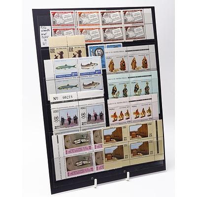 Sheet of Various Blocks of Four Peru Stamps Including Correos Peru Puruchuco Lime 2.50 Soles and More