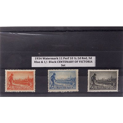 1934 Watermark 11 Perf 10 1/2 2d Red, 3d Blue & 1/- Black Centenary of Victoria Stamp Set