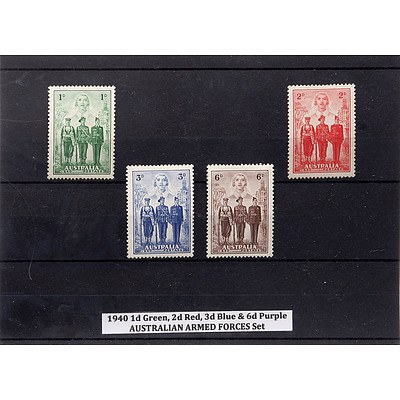 1940 1d Green, 2d Red. 3d Blue & 6d Purple Australian Armed Forces Stamp Set