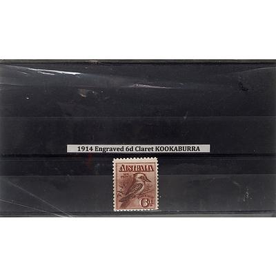 1914 Engraved 6d Claret Kookaburra Stamp