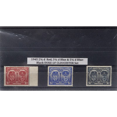 1945 2 1/2d Red, 3 1/2d Blue & 5 1/2d Blue-Black Duke of Gloucester Stamp Set