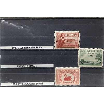 1927 1 1/2d Red Canberra, 1929 3d Airmail and 1929 1 1/2d W.A. Centenary Stamps