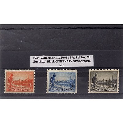 1934 Watermark 11 Perf 11 1/2 2d Red, 3s Blue & 1/- Black Centenary of Victoria Stamp Set