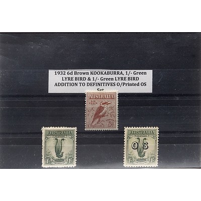 1932 6d Brown Kookaburra, 1/- Green Lyre Bird & 1/- Green Lyre Bird Addition to Definitives O/Printed OS Stamp Set