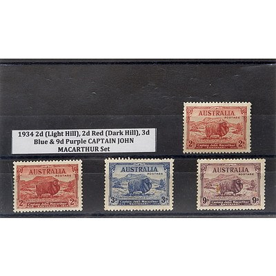 1934 2d (Light Hill), 2d Red (Dark Hill), 3d Blue & 9d Purple Captain John Macarthur Stamp Set