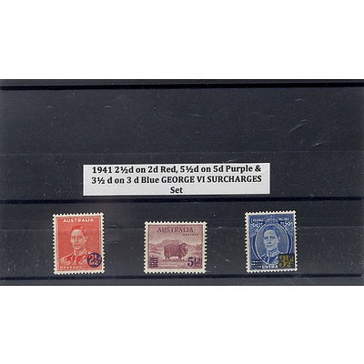 1941 2 1/2d on 2d Red, 5 1/2d on 5d Purple & 3 1/2d on 3d Blue George VI Surcharges Stamp Set