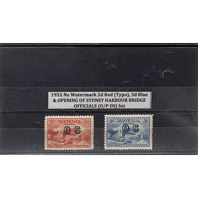 1932 No Watermark 2d Red (Typo), 3d Blue & Opening of Sydney Harbour Bridge Officials (O/P OS) Stamp Set