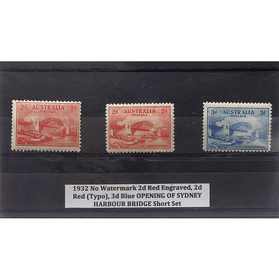 1932 No Watermark 2d Red Engraved, 2d Red (Typo), 3d Blue Opening of Sydney Harbour Bridge Short Stamp Set