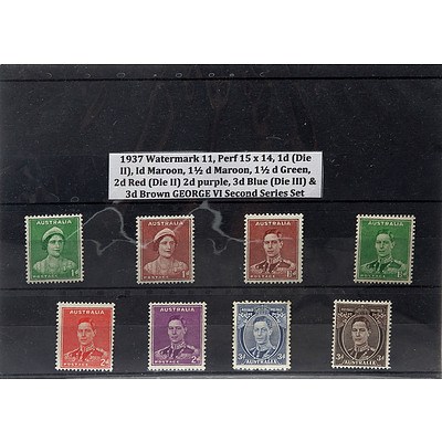 1937 Watermark 11, Perf 15 x 14,1d (Die II), 1d Maroon, 1 1/2 d Maroon, 1 1/2 d Green, 2d Red (Die II) 2d Purple, 3d Blue (die III) & 3d Brown George VI Second Series Stamp Set