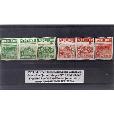 1953 3d Green Butter, 3d Green Wheat, 3d Green Beef Joined Strip & 3 1/2d Red Wheat, 3 1/2d Red Beef & 3 1/2d Butter Joined Strip Food Production Series Stamp Set