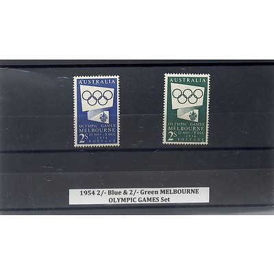 1954 2/- Blue & 2/- Green Melbourne Olympic Games Stamp Set