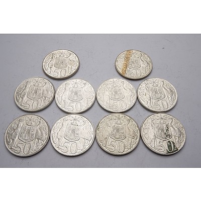 Ten Australian 1966 Silver Fifty Cent Coins
