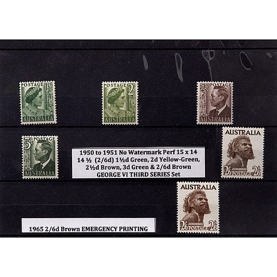 Six Stamps Including 2d Yellow-Green, 2 1/2d Brown, 3d Green & 2/6d Brown George VI Third Series Set and More