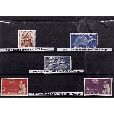 Five Stamps Including 1957 4d Red-Brown S.A. Government Stamp, 1957 7d Blue Flying Doctor Stamp and More