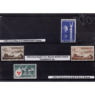 1955 3 1/2d Blue U.S Friendship Stamp, 1955 3 1/2d Sepia 7 2/-Brown Road Coach Pioneers Set and 1955 3 1/2d Green & Red Y.M.C.A Stamp