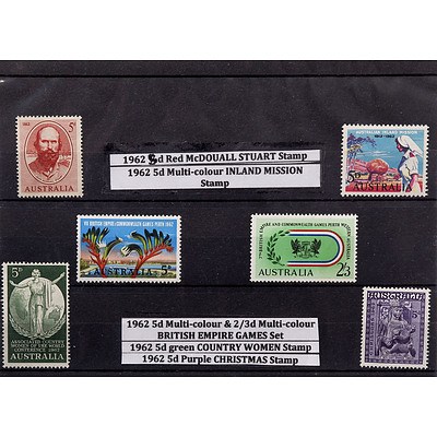 Six Stamps Including 1962 5d Red McDouall Stuart Stamp, 1962 5d Multi-colour Inland Mission Stamp and More