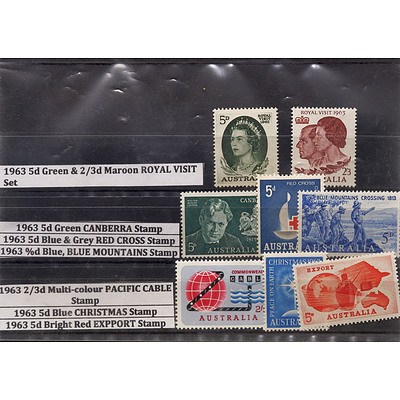 Eight Stamps Including 1963 5d Green & 2/3d Maroon Royal Visit Set, 1963 5d Green Canberra Stamp and More