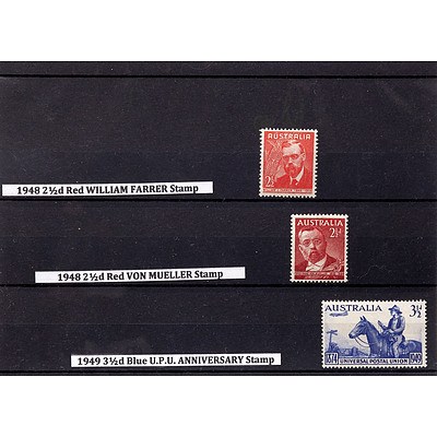 1948 2 1/2d Red William Farrer Stamp, 1948 2 1/2d Red Von Mueller Stamp and 1949 3 1/2d Blue U.P.U. Anniversary Stamp