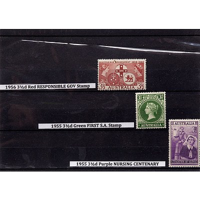 1956 3 1/2d Red Responsible Government Stamp, 1955 3 1/2d Green First S.A. Stamp and 1955 3 1/2d Purple Nursing Centenary Stamp