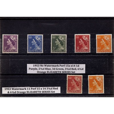 Seven Stamps Including 1953 No Watermark Perf 15 x 14 1d Purple, 2 1/2d Blue, 3d Green, 3 1/2d Red, 6 1/2d Orange Elizabeth Series Set and More