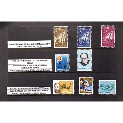 Eight Stamps Including 1965 5d Khaki, 8d Blue, 2/3 Maroon 50th Anniversary of Anzac Set and More
