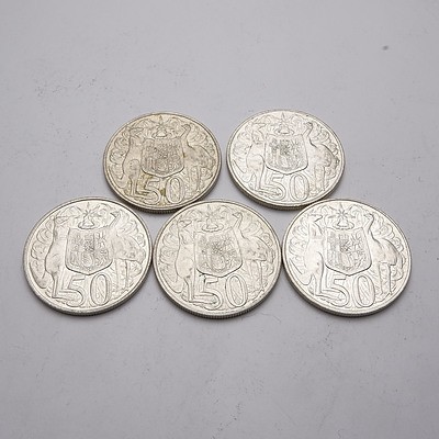 Five Australian 1966 Silver Fifty Cent Coins