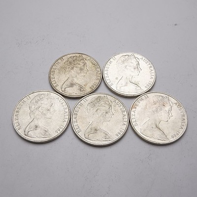 Five Australian 1966 Silver Fifty Cent Coins