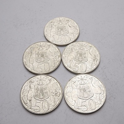 Five Australian 1966 Silver Fifty Cent Coins