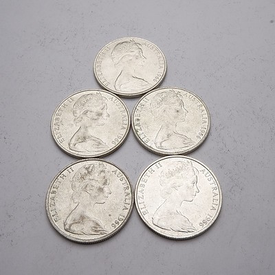 Five Australian 1966 Silver Fifty Cent Coins