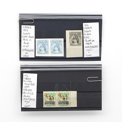 1903 Liberia Three Cents Black Plate Proof on Paper Stamp, A Pair of 1903 Liberia Three Cents plate Proof Pair in Blue and More