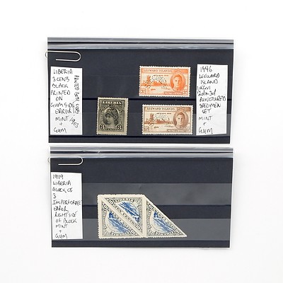 1919 Liberia Block of Three with Imperforate Error, 1946 Leeward Island Punctured Specimen Stamp Set and More