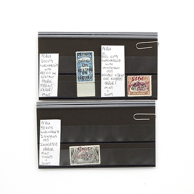 1915 Peru Fifity Ctvs Surcharged '2 Centanos 1915' Inverted Error, Peru 20 ctvs Surcharge with 