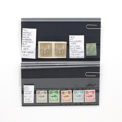 West Australian Swan Revenue Stamps 3d-10/-, 1862 US Confederate State Ink Flaw Five Cent Stamp and 1920 Ukraine New Daily Stamps Horizontal Imperforate Pair of Stamps