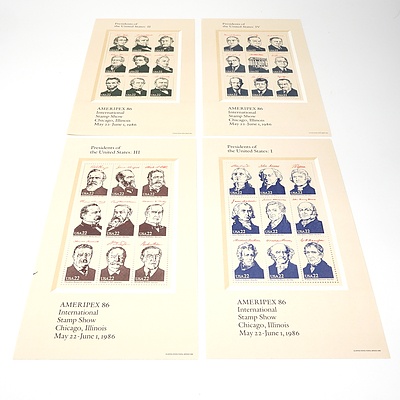 Four 1986 Ameripex 22 Cents Presidents of the United States International Stamp Show Mini Sheets, Mint and Unhinged