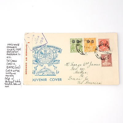 1943 WWII Censored Cover (159) Destination: Australia to U.S. 1d Green (os) is BW82 (os) Cofamk Contains Variety (4)p Vertical White Scratch Behind Kangaroo