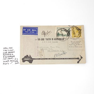 April 1934 First Flight Cover Between Australia and New Zealand, Signed by Pilot Chas Ulm