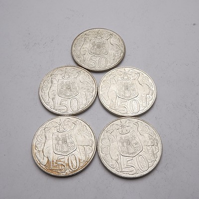 Five Australian 1966 Silver Fifty Cent Coins