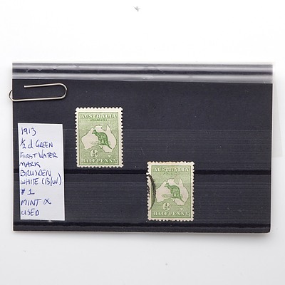 1913 1/2d Green First Water Mark Brusden White (B/W), Mint and Used