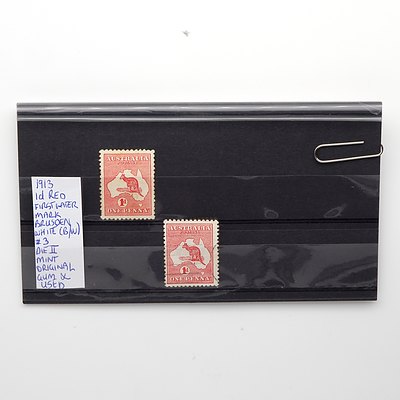 1913 1d Red First Water Mark Brusden White (B/W) Die II, Mint Original Gum and Used